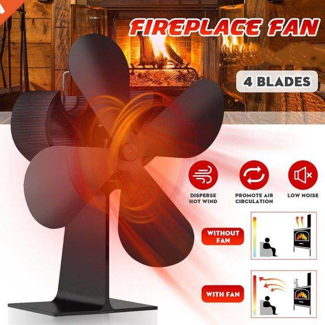 Black Fireplace 4 Blade Heat Powered Stove Fan komin Log Woo
