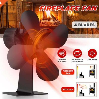 Black Fireplace 4 Blade Heat Powered Stove Fan komin Log Woo