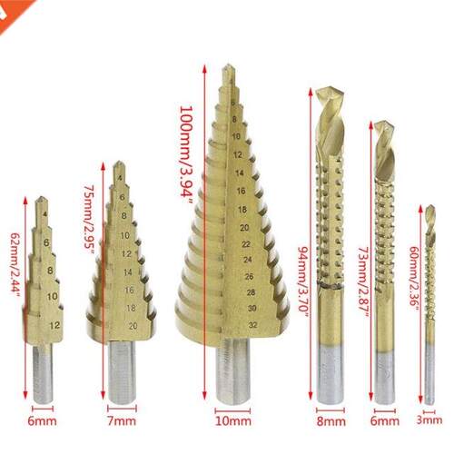 6Pcs/Set HSS Steel Titanium Coated Step Drill Bit Hole Cutte