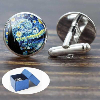 Van Gogh Oil Painting Glass Alloy Cufflinks Starry Night Sun