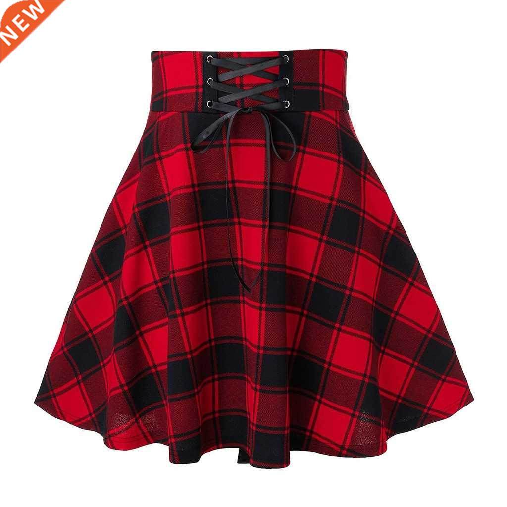 Gothic Punk Harajuku Women Plaid Print Skirt Lace Up Hip Hop