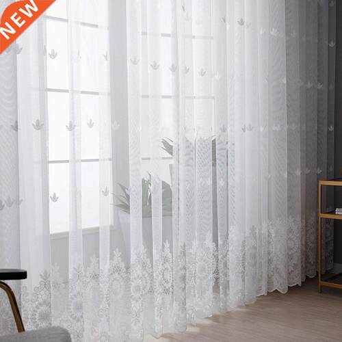 Embroidered Floral White Tulle Window Screen Curtain for Liv