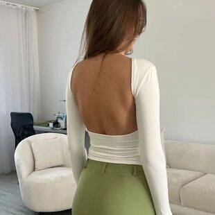 Long sleeved backless 长袖 tight 紧身上衣女 short top 露背短款