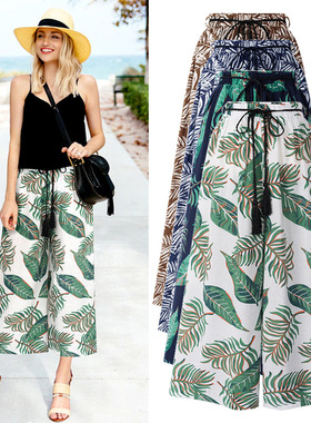 Waist Loose Leaf Printed Casual Trousers Cropped Beach Pants