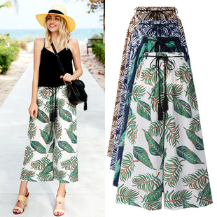 Waist Loose Leaf Printed Casual Trousers Cropped Beach Pants