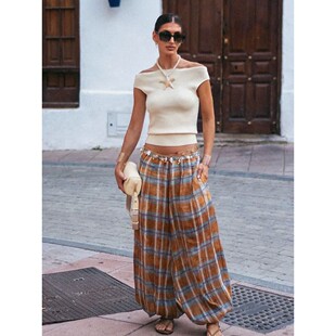 Checkered casual lantern pants for women女士格子休闲灯笼长裤