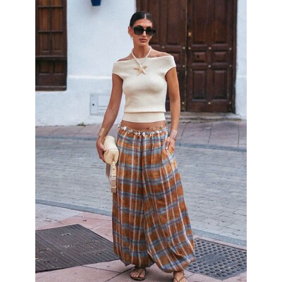 Checkered casual lantern pants for women女士格子休闲灯笼长裤