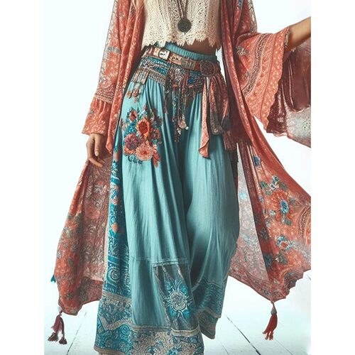 高腰系带民族风印花阔腿裙裤