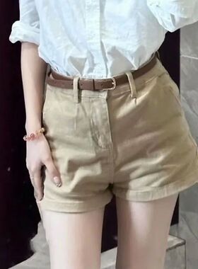Khaki Casual Shorts for Women Summer All-Match Stretch Denim