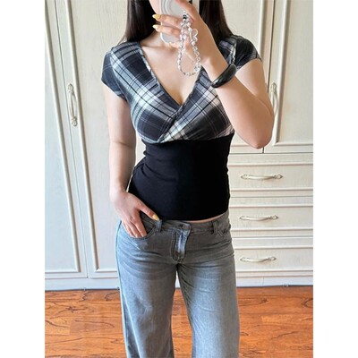 V-neck格子拼接短袖T恤女透气