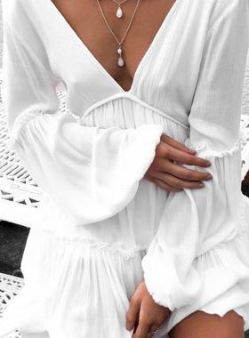 Foreign Trade New White V-Neck Lantern Sleeve Dress 2021新款