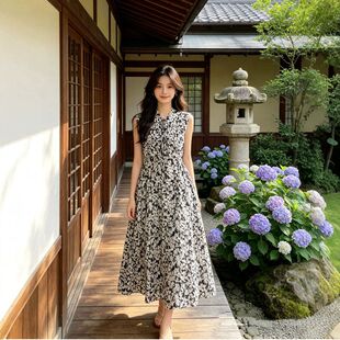 柜货法式复古V领系带棉麻碎花26夏小众浪漫度假风印花连衣裙长裙