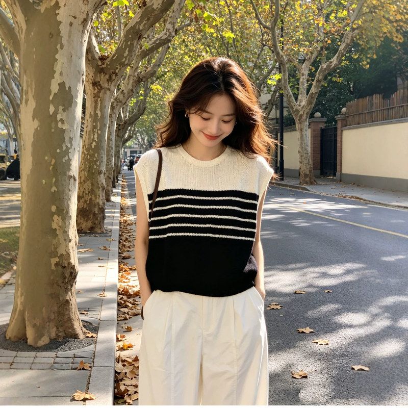 柜货条纹亚麻短袖针织衫女2026夏季新款设计感小众圆领短款上衣