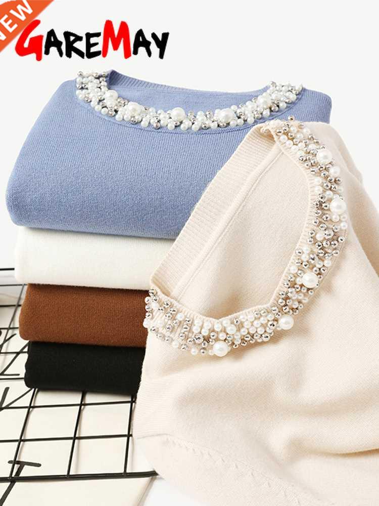 Autumn Winter pearl Beaded women long sleeve sweaters knitte