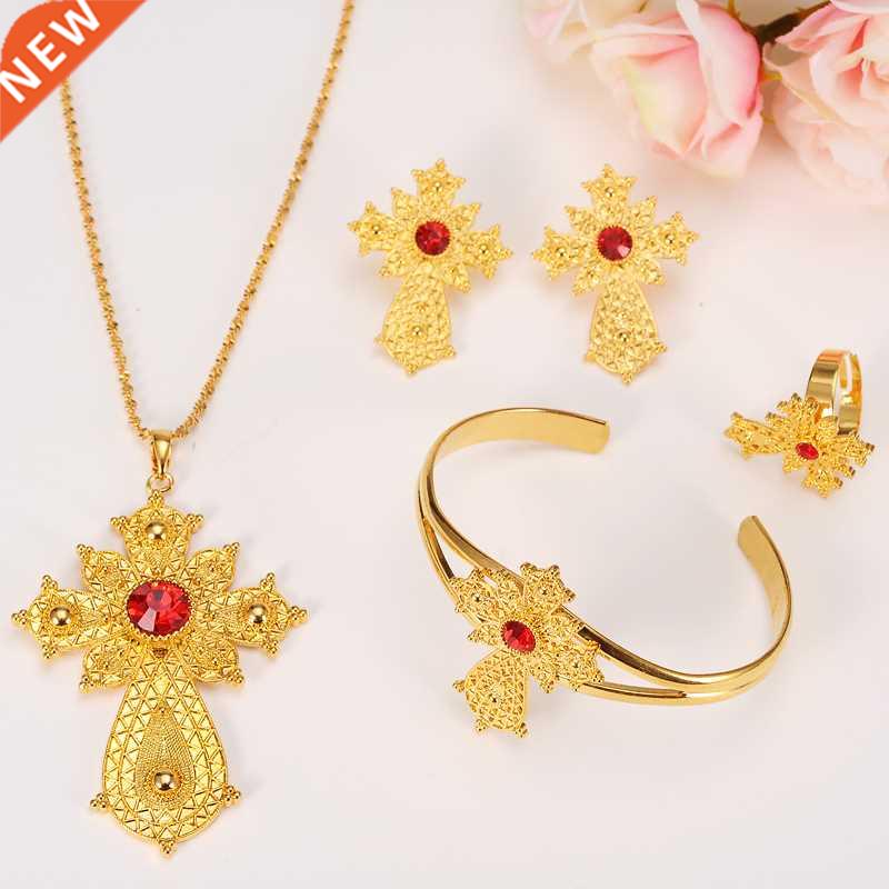 Bangrui Ethiopian Rhinestone Cross Jewelry Set Gold Color Ne