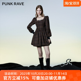 PUNKRAVE方领收腰格子连衣裙女秋冬法式 赫本风气质收腰中长裙子