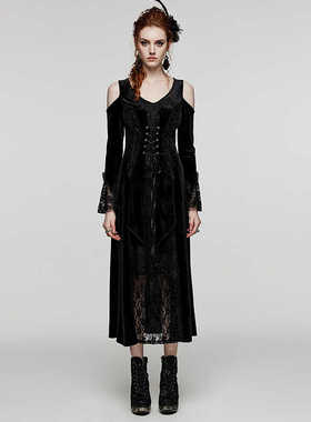 punkrave华丽哥特宫廷露肩连衣裙复古性感A字裙蕾丝收腰微透长裙