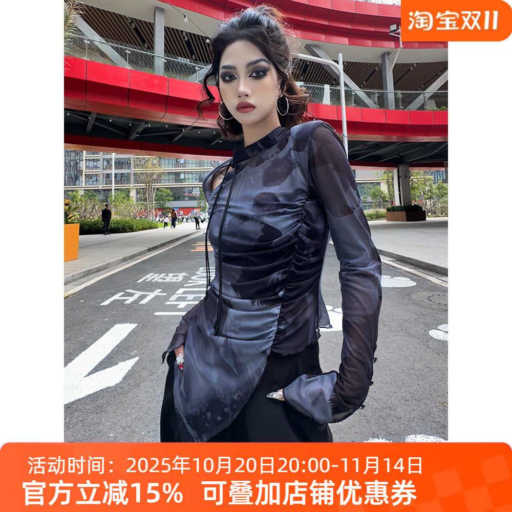 新中式国风朋克抽褶印花T恤2025新款显瘦不规则网纱女款长袖上衣