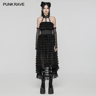 PUNKRAVE哥特暗黑系蕾丝挂脖连衣裙性感露肩甜酷A字裙不规则长裙