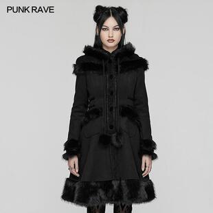 哥特Lolita可爱毛绒毛呢大衣暗黑复古连帽女士长款外套秋冬款保暖