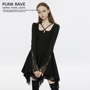 哥特蕾丝性感拼接长袖 不规则短裙设计感小众显瘦 连衣裙2025年新款