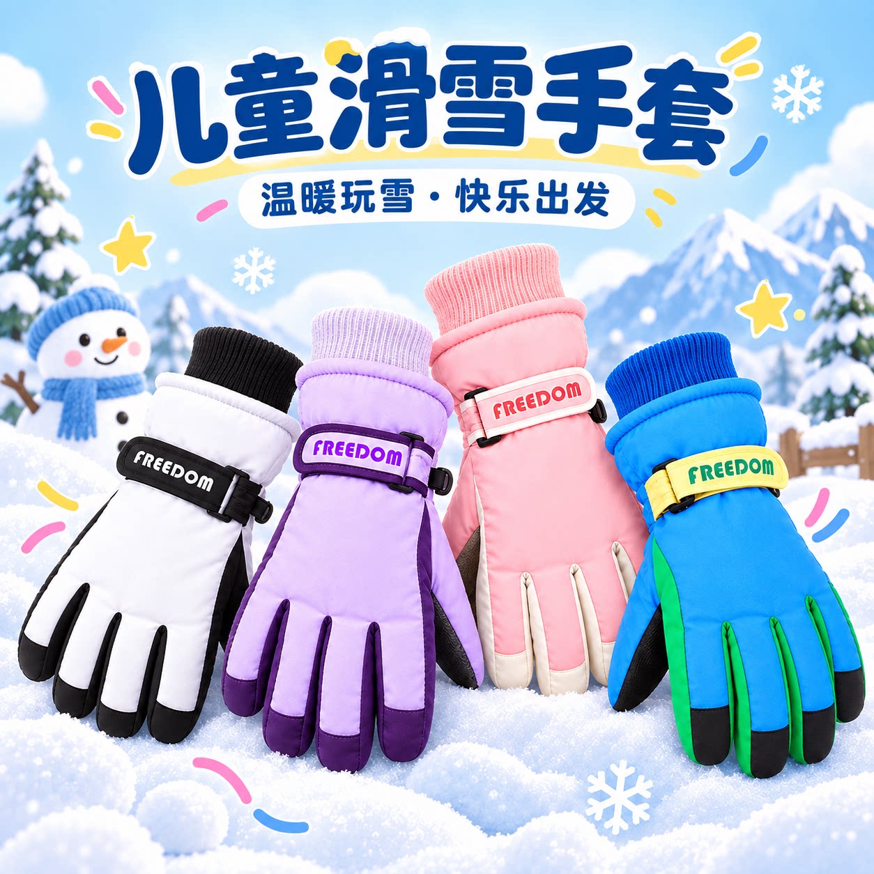 儿童冬季3-17岁加厚防寒防水防风防滑保暖滑雪玩雪棉加绒触屏手套