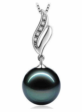 珍珠吊坠项链 单颗正圆锁骨链女925银黑色大溪地黑珍珠母贝珠项链