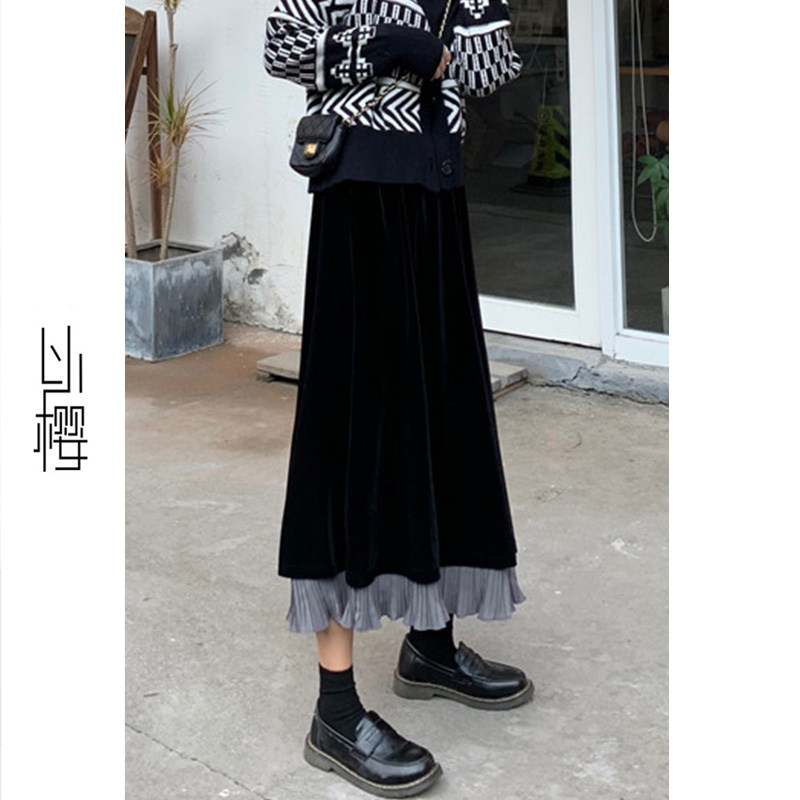 「以樱」秋冬金丝绒半身裙女中长款高腰A字拼接百褶显瘦复古长裙