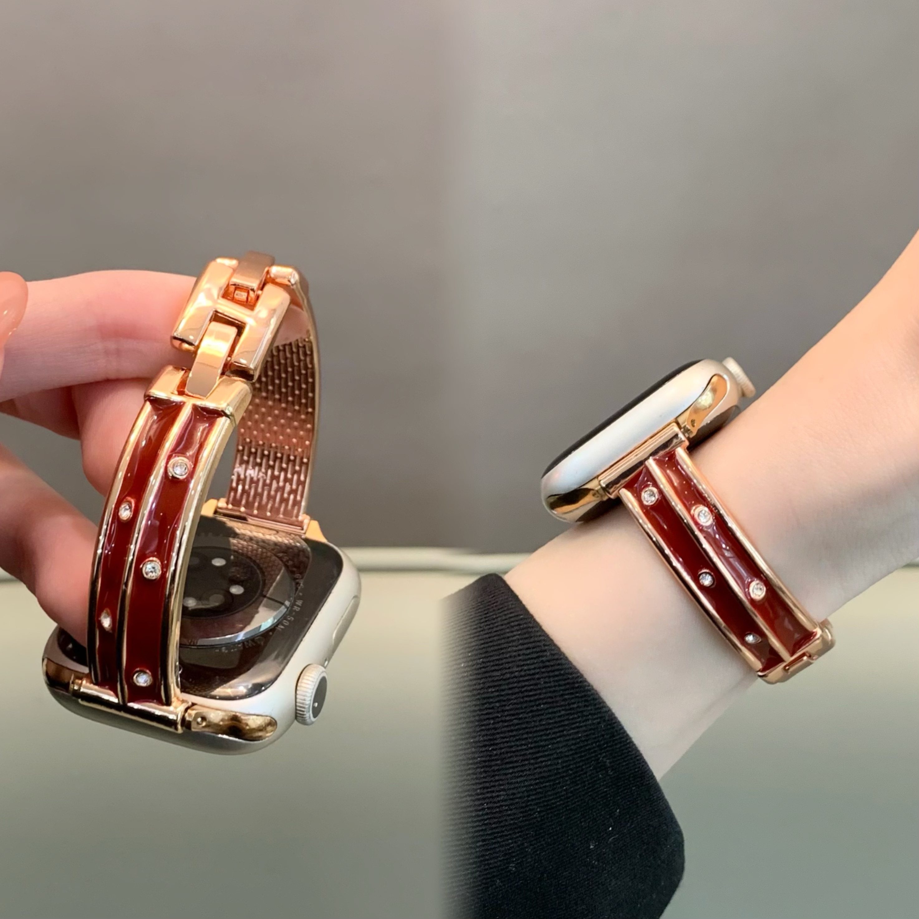 适用苹果手表iwatch10/s11表带红色手镯式金属链条applewatch98女