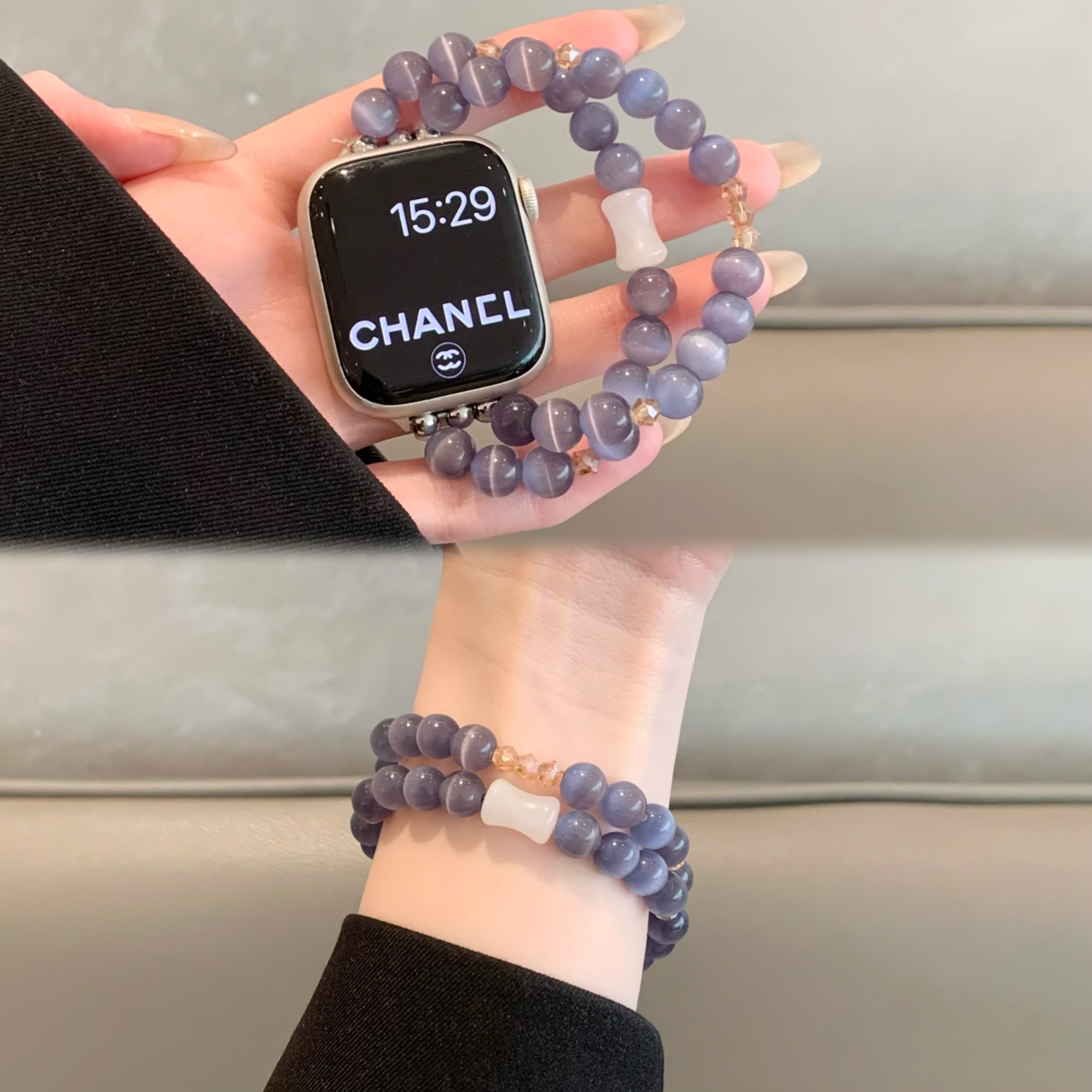 适用苹果手表iwatch10表带夏季透气弹力猫眼紫罗兰水晶applewatch