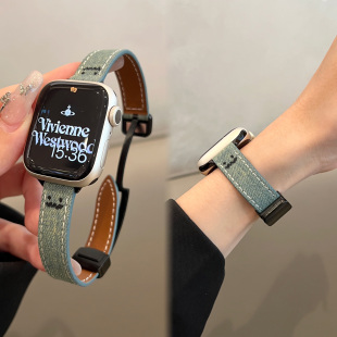适用苹果手表iWatch10表带涂鸦细款 8舒适 牛仔磁吸扣applewatch9