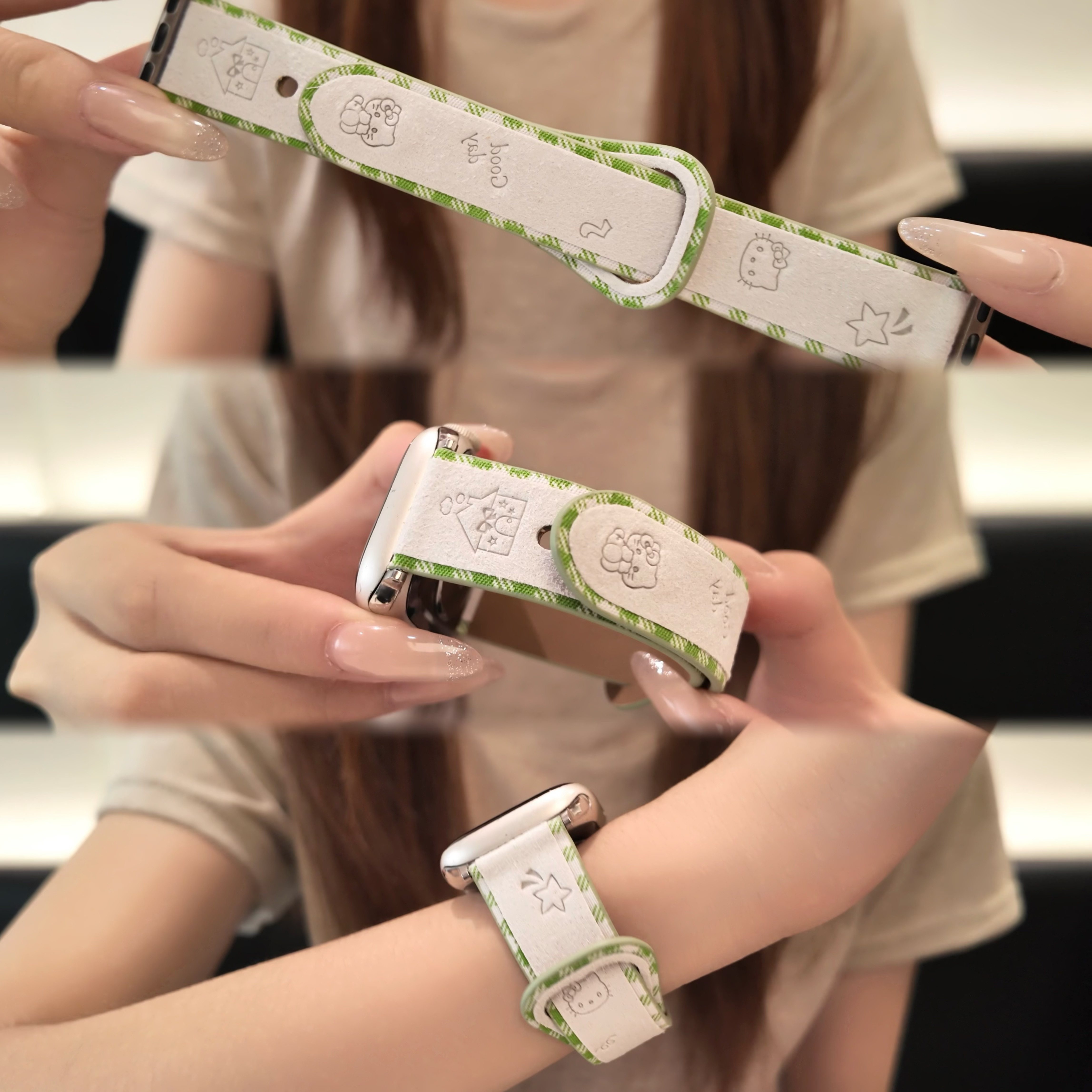 适用iwatch可爱kt毛绒单钉皮表带图片