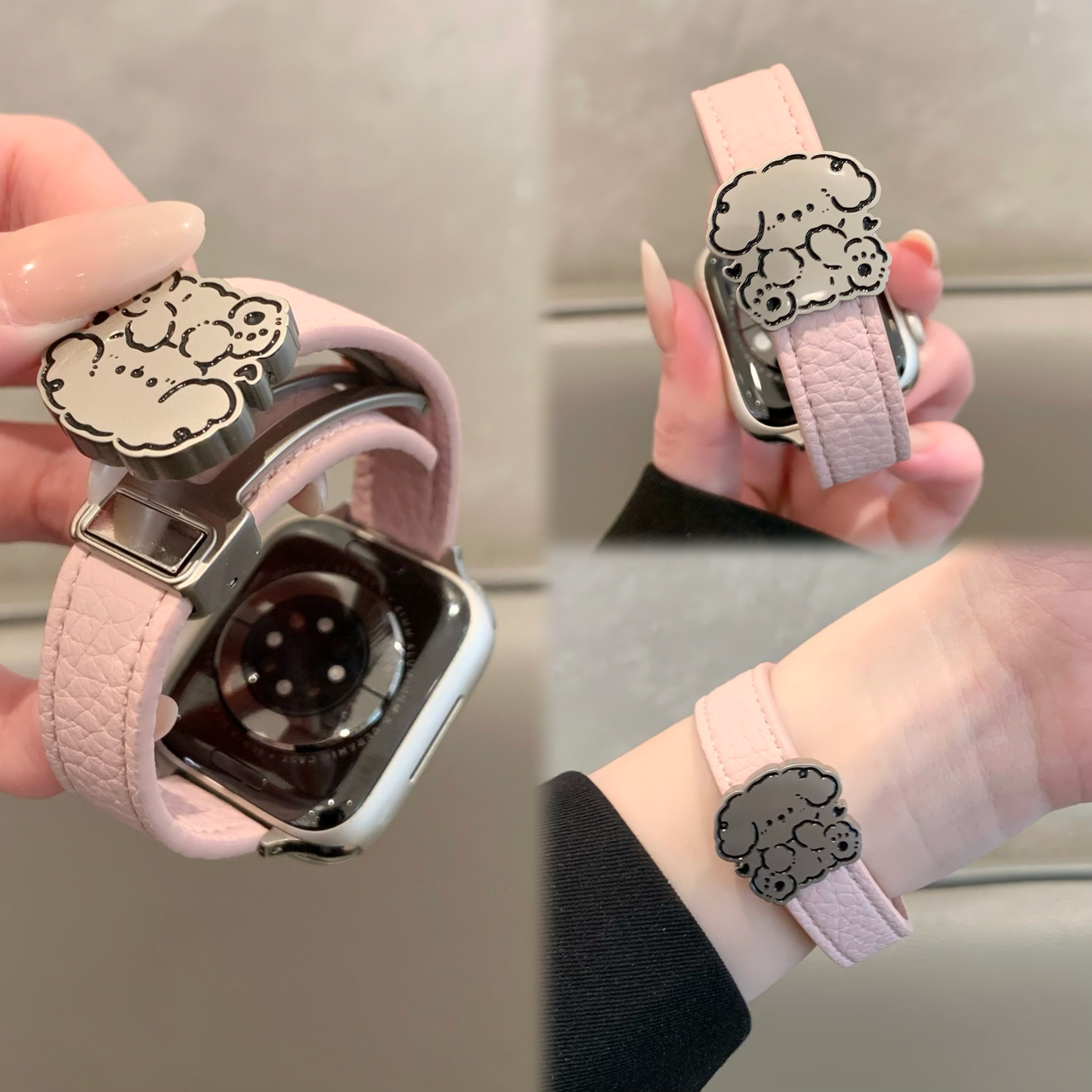 适用苹果手表iwatch10表带细款荔枝纹皮可爱小狗磁吸扣applewatch