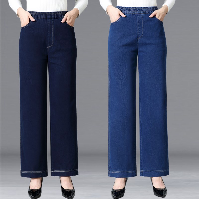 阔腿牛仔裤女松紧腰新款中老年