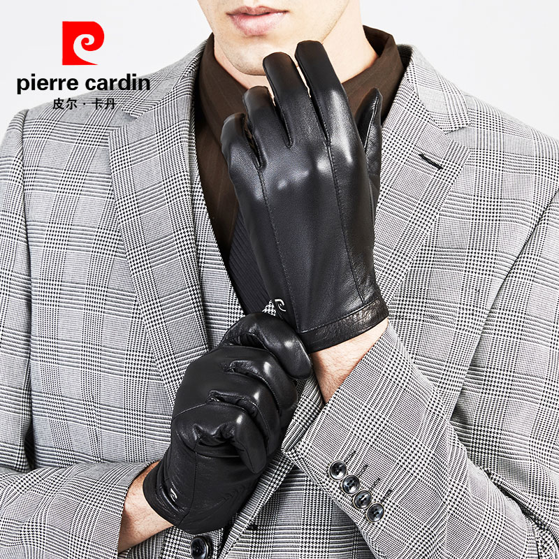 皮尔卡丹冬季新款真皮手套男士冬季加绒保暖山羊皮手套骑行摩托车