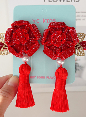 女童中国风红色花朵发夹宝宝过新年边夹喜庆汉服发饰儿童发卡头饰