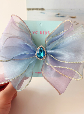 韩国梦幻渐变蓝色蝴蝶结发夹儿童发饰冰雪公主纱头饰宝宝发卡顶夹