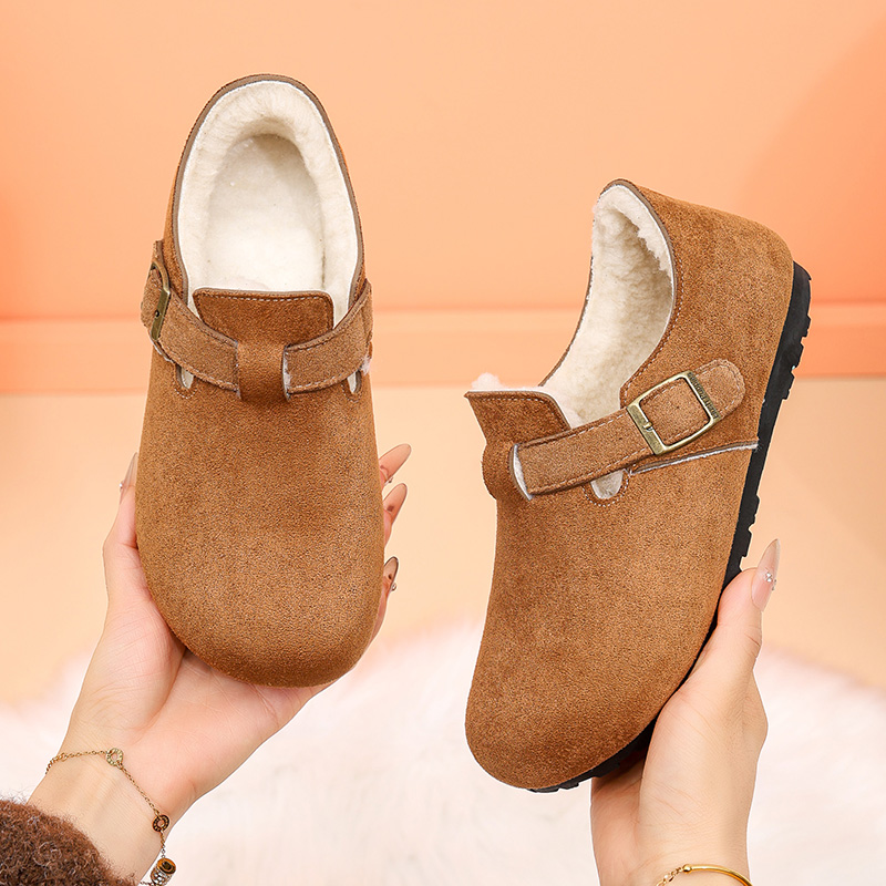 勃肯鞋女冬季加绒全包软底一脚蹬复古休闲毛毛鞋防滑舒适保暖女鞋