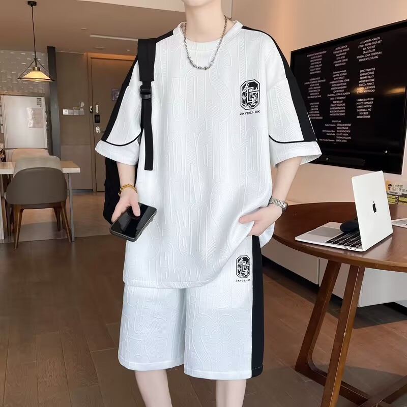 清仓捡漏重磅提花短袖t恤男夏季2025新款青少年宽松休闲运动套装