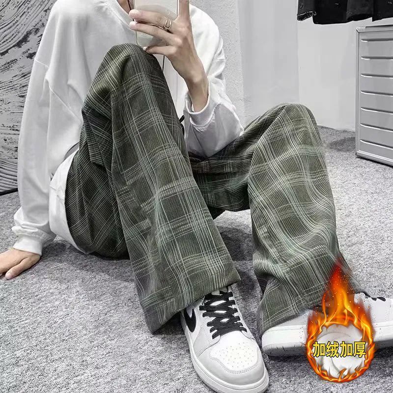 加绒保暖灯芯绒裤子男款秋冬垂感高级感格子美式运动阔腿休闲长裤