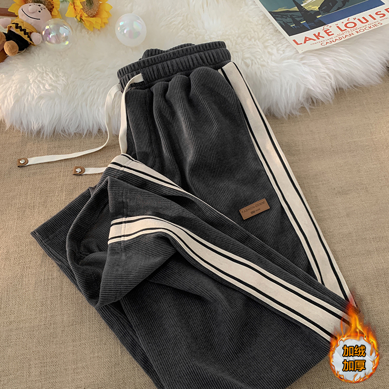 灯芯绒裤子男秋冬加绒潮牌条纹运动裤美式宽松休闲裤百搭直筒卫裤
