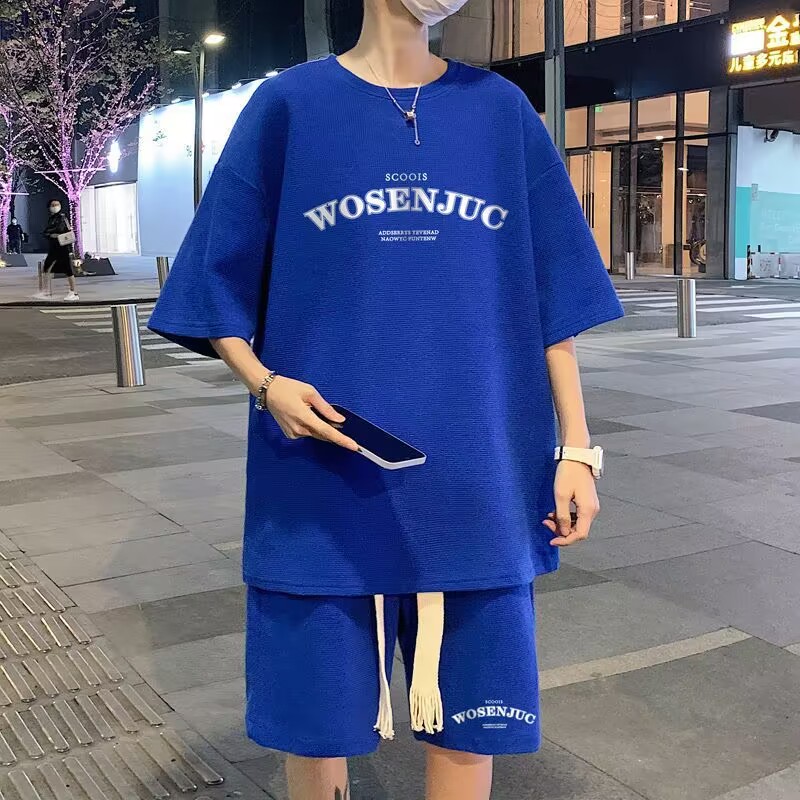 运动套装男士夏季宽松休闲短袖短裤华夫格男装青少年帅气学生衣服