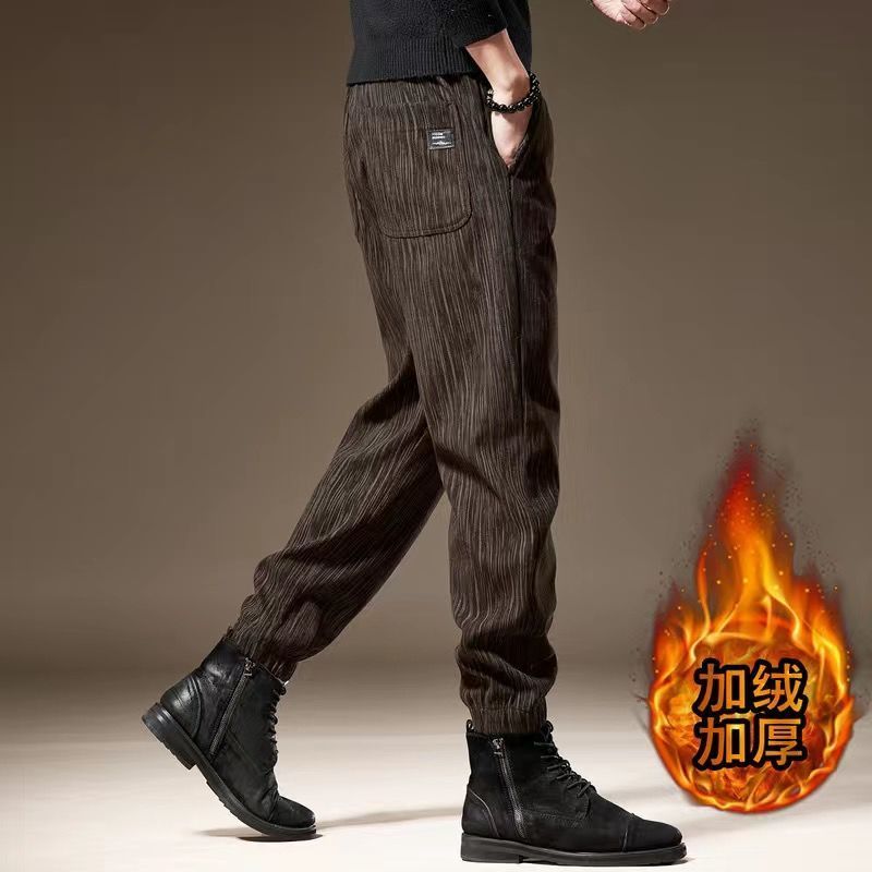 商场撤回条纹灯芯绒休闲裤男秋冬加绒新款宽松运动哈伦束脚卫裤男