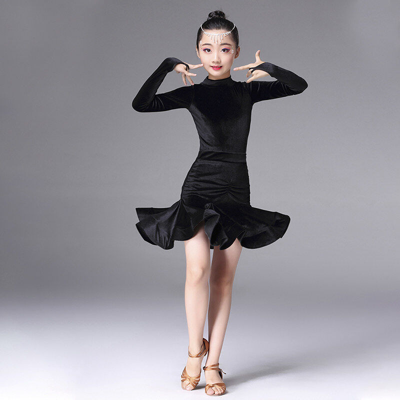 儿童拉丁舞练功服装女孩2022秋冬季新款长袖金丝绒演出服女童芭蕾