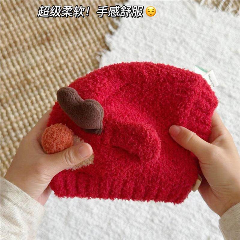麋鹿婴儿帽子秋冬男女小月龄宝宝保暖针织护耳帽加厚防风毛绒帽