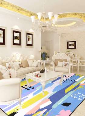 湛蓝 油画抽象欧美地毯创意茶几客厅地毯 家用蓝色沙发地毯艺术家