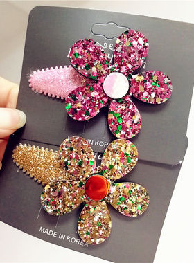 新款韩国金色儿童发饰亮片五瓣花可爱女童花朵发夹粉色BB夹刘海夹