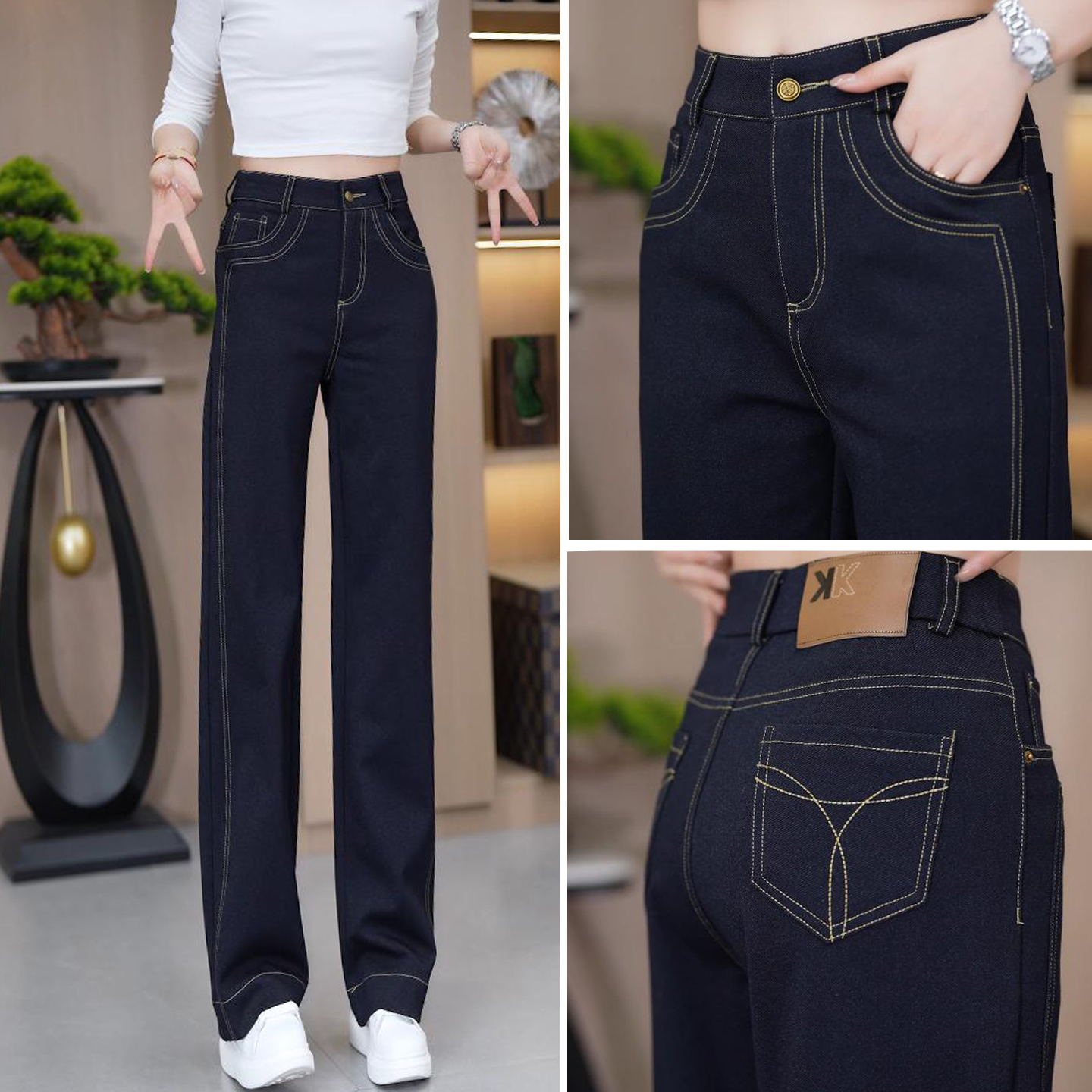 丹宁蓝直筒牛仔裤女款春秋季新款