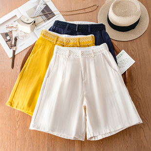 蕾丝腰头显瘦百搭舒适休闲五分裤 新款 女2026夏季 高腰亚麻阔腿短裤