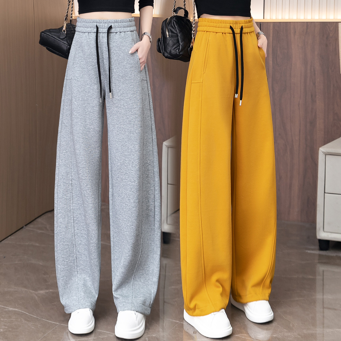 弯刀卫裤女2026春季新款抽绳腰头宽松高腰显瘦舒适休闲运动长裤